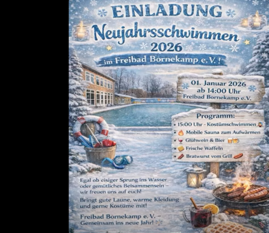 Bornekampbad lädt bei eisiger Kälte zum Neujahrs- und Kostümschwimmen ein – Sauna, Glühwein, Bratwurst